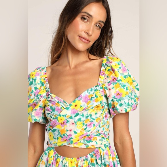 Lulus Attract Attention Multi Floral Puff Sleeve Tie-Front Mini Dress Women’s S - Picture 4 of 13